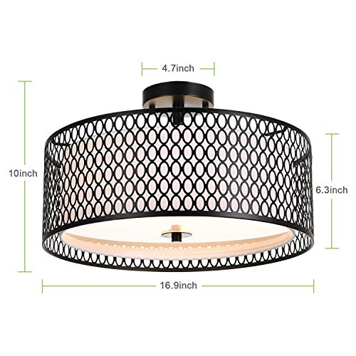 Ludil 17" Semi Flush Mount Ceiling Light Fixture, Modern 3-Light Black Durm Close to Ceiling Lighting with Metal Mesh Cage & Bottom Reflective Glass for Living Room Bedroom Kitchen Hallway Entryway