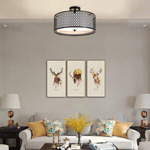 Ludil 17" Semi Flush Mount Ceiling Light Fixture, Modern 3-Light Black Durm Close to Ceiling Lighting with Metal Mesh Cage & Bottom Reflective Glass for Living Room Bedroom Kitchen Hallway Entryway