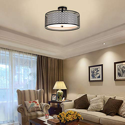 Ludil 17" Semi Flush Mount Ceiling Light Fixture, Modern 3-Light Black Durm Close to Ceiling Lighting with Metal Mesh Cage & Bottom Reflective Glass for Living Room Bedroom Kitchen Hallway Entryway