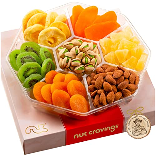 Dried Fruit & Mixed Nuts Gift Basket in Red Box (7 Assortments) Purim Mishloach Manot Gourmet Food Bouquet Arrangement Platter, Birthday Care Package, Healthy Kosher Snack Tray, Her Him Women Men