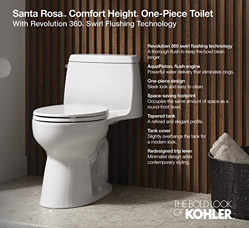 KOHLER 30810-0 Santa Rosa One-Piece Compact Elongated 1.28 Gpf Toilet With Revolution 360 Swirl Flushing Technology