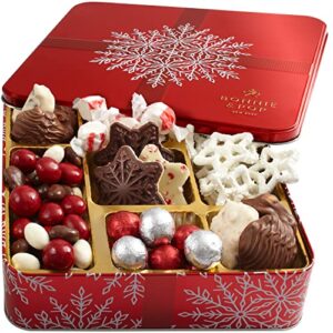 bonnie and pop’s holiday tin- with assorted christmas chocolate, nuts, bark, truffles – festive, corporate, family, gift basket idea for men and women