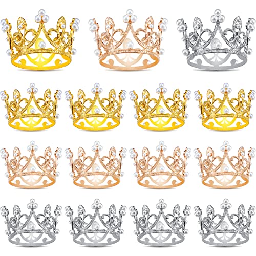 15 Pieces Crown Cake Topper Mini Crown Cupcake Topper Mini Baby Crown Gem Pearl Crown Tiara Cake Topper for Women Lady Girl Birthday Bridal Wedding Royal Themed Party Decorations(Pearl Style)