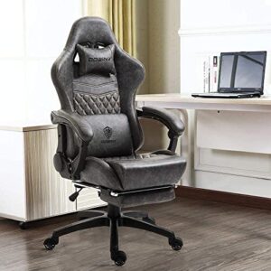 Dowinx Gaming Chair Office Chair PC Chair with Massage Lumbar Support, Vintage Style PU Leather High Back Adjustable Swivel Task Chair with Footrest (Light Grey)