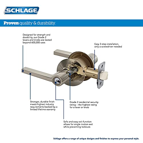 Schlage F51A ACC 505 Accent Door Lever, Keyed Entry Lock, Bright Brass