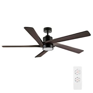 wingbo 54 inch dc ceiling fan with lights and remote control, 5 reversible carved wood blades, 6-speed noiseless dc motor, modern ceiling fan in matte black finish with walnut blades, etl listed