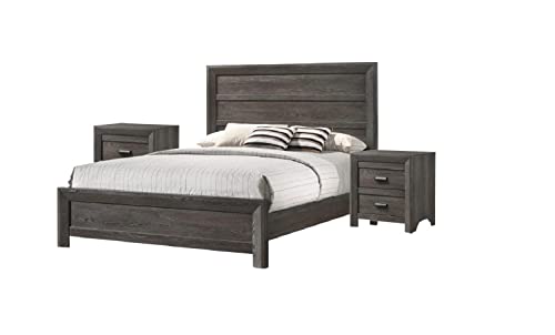 Rustic Style Grayish Brown 3pc King Size Bed Nightstand Set Solid Wood Master Bedroom Furniture