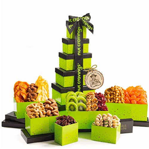 Dried Fruit & Mixed Nuts Gift Basket Green Tower + Ribbon (12 Assortments) Purim Mishloach Manot Gourmet Food Bouquet Arrangement Platter, Birthday Care Package, Healthy Kosher Snack Box, Her Him