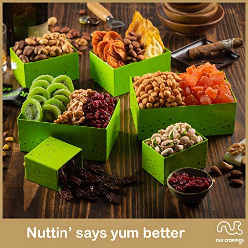 Dried Fruit & Mixed Nuts Gift Basket Green Tower + Ribbon (12 Assortments) Purim Mishloach Manot Gourmet Food Bouquet Arrangement Platter, Birthday Care Package, Healthy Kosher Snack Box, Her Him