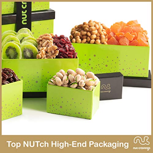 Dried Fruit & Mixed Nuts Gift Basket Green Tower + Ribbon (12 Assortments) Purim Mishloach Manot Gourmet Food Bouquet Arrangement Platter, Birthday Care Package, Healthy Kosher Snack Box, Her Him