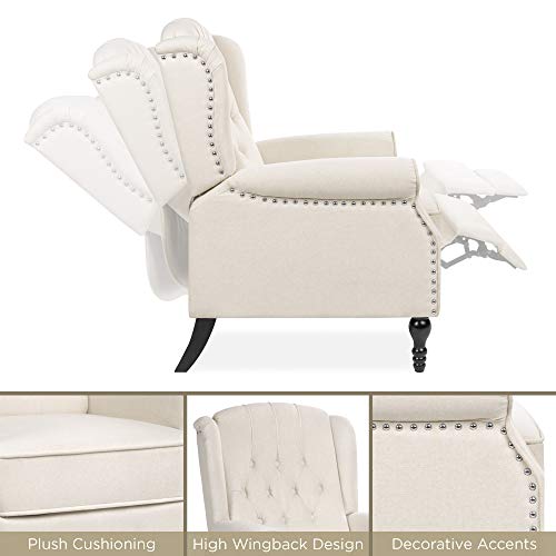 Best Choice Products Tufted Upholstered Wingback Push Back Recliner Armchair for Living Room, Bedroom, Home Theater Seating w/Padded Seat and Backrest, Nailhead Trim, Wooden Legs, Beige
