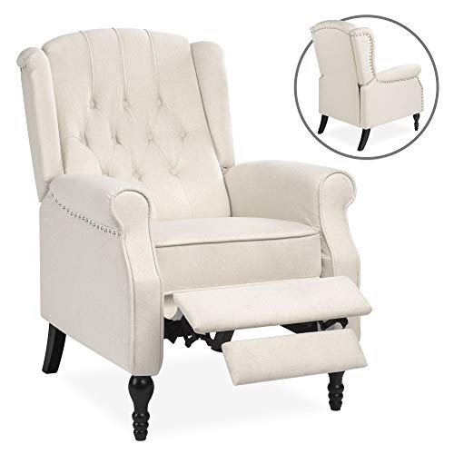 Best Choice Products Tufted Upholstered Wingback Push Back Recliner Armchair for Living Room, Bedroom, Home Theater Seating w/Padded Seat and Backrest, Nailhead Trim, Wooden Legs, Beige