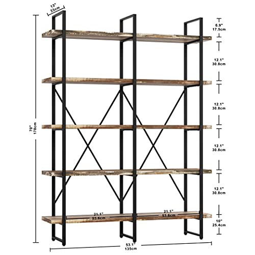 IRONCK Bookshelf, Double Wide 5-Tier Open Bookcase Vintage Industrial Large Shelves, Wood and Metal Etagere Bookshelves, for Home Decor Display, Office Furniture, 13D x 53.1W x 70H in