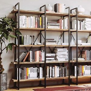 IRONCK Bookshelf, Double Wide 5-Tier Open Bookcase Vintage Industrial Large Shelves, Wood and Metal Etagere Bookshelves, for Home Decor Display, Office Furniture, 13D x 53.1W x 70H in