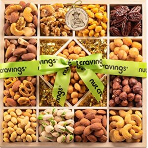 mixed nuts gift basket in reusable wooden tray + green ribbon (13 assortments) purim mishloach manot gourmet food bouquet arrangement platter, birthday care package, healthy kosher snack box