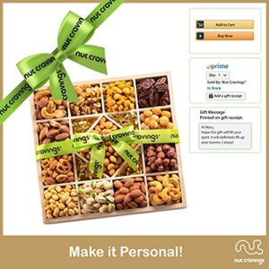 Mixed Nuts Gift Basket in Reusable Wooden Tray + Green Ribbon (13 Assortments) Purim Mishloach Manot Gourmet Food Bouquet Arrangement Platter, Birthday Care Package, Healthy Kosher Snack Box