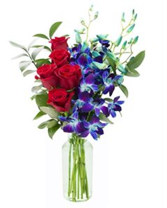kabloom sapphire red bouquet of fresh red roses and exotic blue orchids with vase