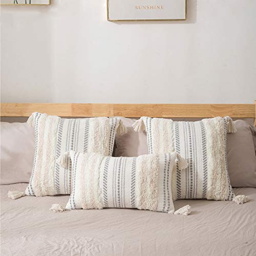 decorUhome Set of 2 Boho Decorative Throw Pillow Covers for Bed Bedroom Neutral Accent Cushion Cover Grey Tufted Woven Pillow Case, 18x18, Beige and White