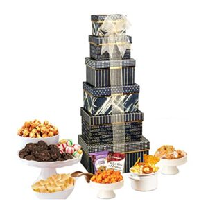 broadway basketeers gourmet food gift basket tower snack gifts for women, men, families, college – delivery for holidays, appreciation, thank you, congratulations, corporate, get well soon care package