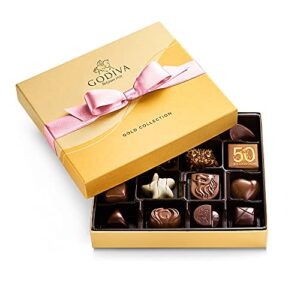 godiva chocolatier assorted chocolate gold gift box, pink ribbon, gourmet chocolate, gourmet chocolates, gifts for her, gifts for women, 19 pc., gift set 1