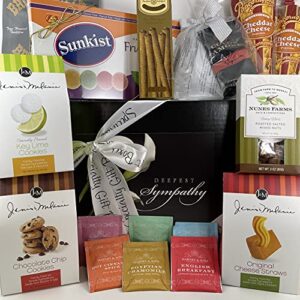 premium sympathy gift box basket – for bereavement grief thinking of you – cookies popcorn nuts coffee tea candies and more – elegant flowers design – send your condolences care package today