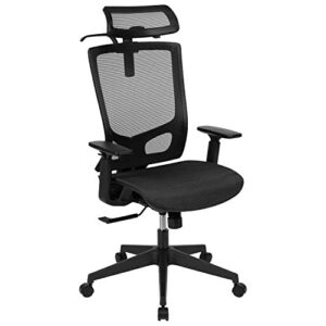 flash furniture ergonomic mesh office chair with synchro-tilt, pivot adjustable headrest, lumbar support, coat hanger and adjustable arms in black