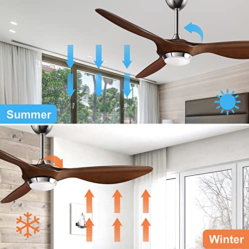 reiga 52-in Brown Modern Ceiling Fan with 3 Wood Grain Color Blades Dimmable LED Lights Remote Control Reversible ETL DC Motor, Timer, Silent Ceiling Fans for Living Room, Farmhouse, Garage