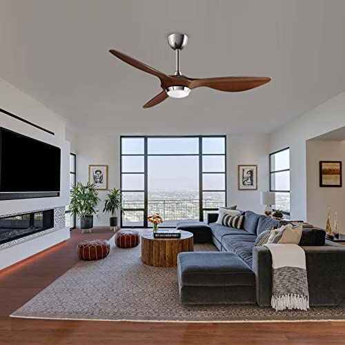 reiga 52-in Brown Modern Ceiling Fan with 3 Wood Grain Color Blades Dimmable LED Lights Remote Control Reversible ETL DC Motor, Timer, Silent Ceiling Fans for Living Room, Farmhouse, Garage