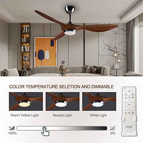 reiga 52-in Brown Modern Ceiling Fan with 3 Wood Grain Color Blades Dimmable LED Lights Remote Control Reversible ETL DC Motor, Timer, Silent Ceiling Fans for Living Room, Farmhouse, Garage