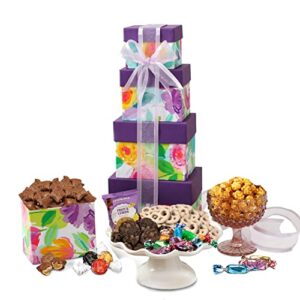 broadway basketeers 4 box gourmet food gift tower snack gifts for women, men, families, college – delivery for holidays, appreciation, thank you, congratulations, corporate, get well soon care package