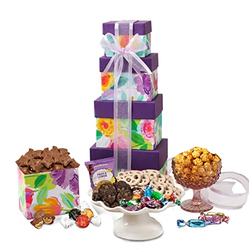 Broadway Basketeers 4 Box Gourmet Food Gift Tower Snack Gifts for Women, Men, Families, College – Delivery for Holidays, Appreciation, Thank You, Congratulations, Corporate, Get Well Soon Care Package