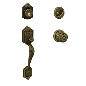 schlage f60 v par 609 geo parthenon front entry handleset with georgian knob, deadbolt keyed 1 side, antique brass
