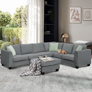 flieks modern upholstered living room sectional sofa, l shape furniture couch with 3 pillows, grey