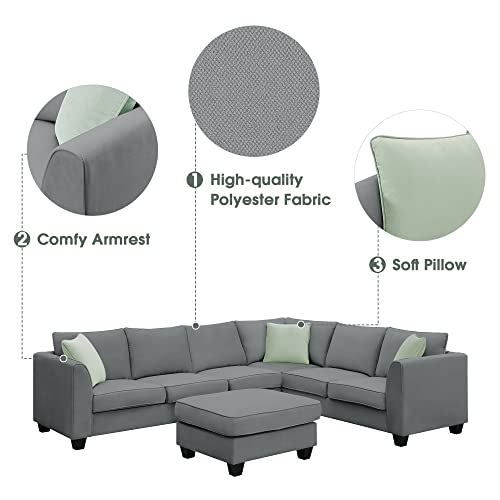 Flieks Modern Upholstered Living Room Sectional Sofa, L Shape Furniture Couch with 3 Pillows, Grey