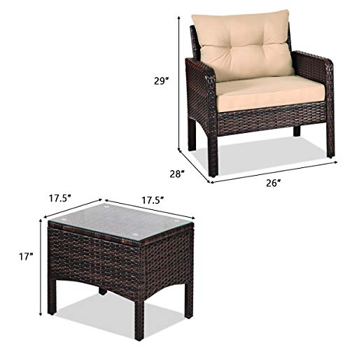 HAPPYGRILL 3-Pieces Patio Furniture Set Outdoor Rattan Wicker Coffee Table & Chairs Set with Seat Cushions Patio Conversation Set for Garden Balcony Backyard Poolside