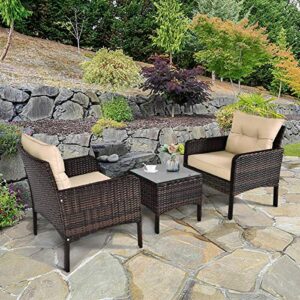 HAPPYGRILL 3-Pieces Patio Furniture Set Outdoor Rattan Wicker Coffee Table & Chairs Set with Seat Cushions Patio Conversation Set for Garden Balcony Backyard Poolside