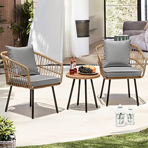 YITAHOME Outdoor 3 Pieces Bistro Set, Wicker Patio Furniture Set, All-Weather Rattan Conversation Set for Balcony, Backyard, Pool, Porch, Deck - Grey