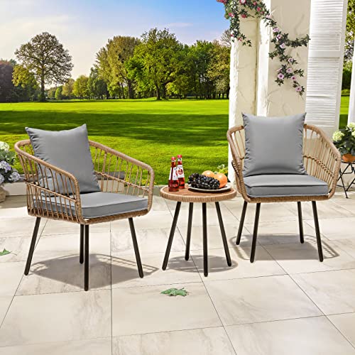 YITAHOME Outdoor 3 Pieces Bistro Set, Wicker Patio Furniture Set, All-Weather Rattan Conversation Set for Balcony, Backyard, Pool, Porch, Deck - Grey