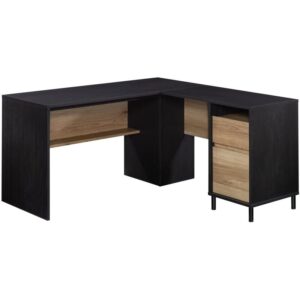 sauder acadia way modern l-shaped desk in raven oak, raven oak finish