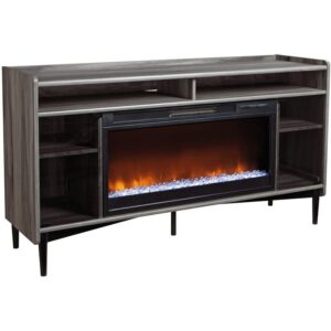 sauder harvey park fireplace tv credenza with glass doors, jet acacia finish