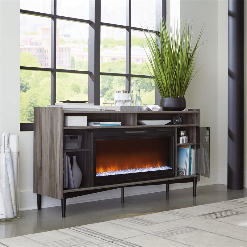 Sauder Harvey Park Fireplace TV Credenza with Glass Doors, Jet Acacia Finish