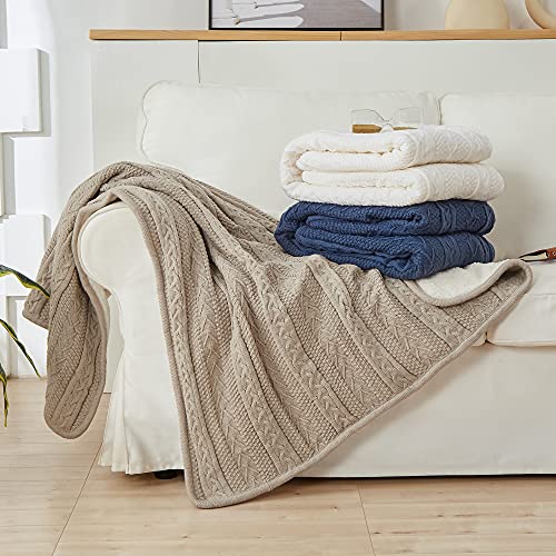 Longhui bedding Acrylic White Cable Knit Sherpa Throw Blanket – Thick, Soft, Big, Cozy Ivory White Knitted Fleece Blankets for Couch, Sofa, Bed – Large 60 x 80 Inches Ivory White Coverlet, 5.2 Pounds