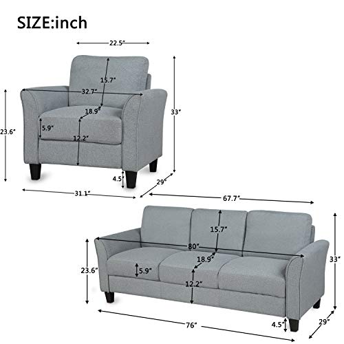 Harper & Bright Designs Living Room Furniture Set Single Armrest Sofa and 3-Seat Sofa Linen Fabric Upholstered Sofa Set, Grey