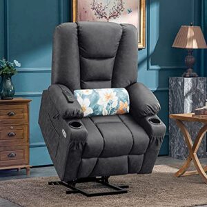 MCombo Power Lift Recliner Chair with Massage and Heat for Elderly, Extended Footrest, 3 Positions, Lumbar Pillow, Cup Holders, USB Ports, Faux Leather 7519 (Medium, Dark Grey)