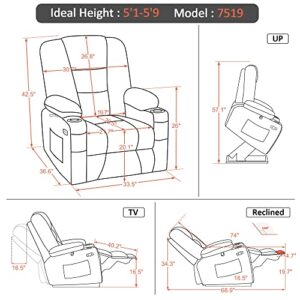 MCombo Power Lift Recliner Chair with Massage and Heat for Elderly, Extended Footrest, 3 Positions, Lumbar Pillow, Cup Holders, USB Ports, Faux Leather 7519 (Medium, Dark Grey)