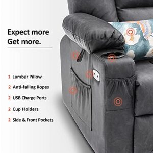 MCombo Power Lift Recliner Chair with Massage and Heat for Elderly, Extended Footrest, 3 Positions, Lumbar Pillow, Cup Holders, USB Ports, Faux Leather 7519 (Medium, Dark Grey)