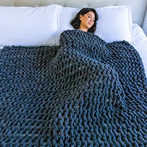 ThrowStyle Chunky Knitted Blanket - Soft Chenille Blanket Tight Knit Heavy Weighted - Large Full Size 50 x 60 Inch, Dark Grey