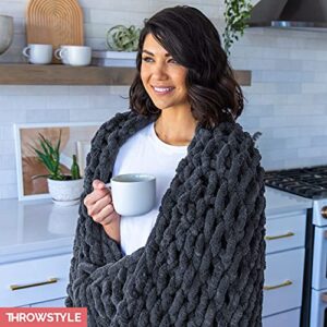 ThrowStyle Chunky Knitted Blanket - Soft Chenille Blanket Tight Knit Heavy Weighted - Large Full Size 50 x 60 Inch, Dark Grey