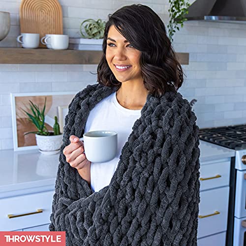 ThrowStyle Chunky Knitted Blanket - Soft Chenille Blanket Tight Knit Heavy Weighted - Large Full Size 50 x 60 Inch, Dark Grey