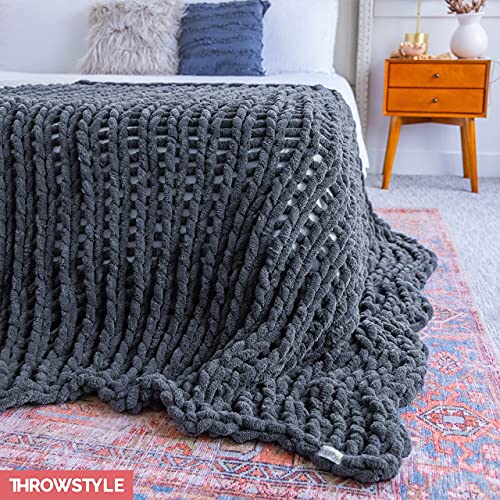 ThrowStyle Chunky Knitted Blanket - Soft Chenille Blanket Tight Knit Heavy Weighted - Large Full Size 50 x 60 Inch, Dark Grey